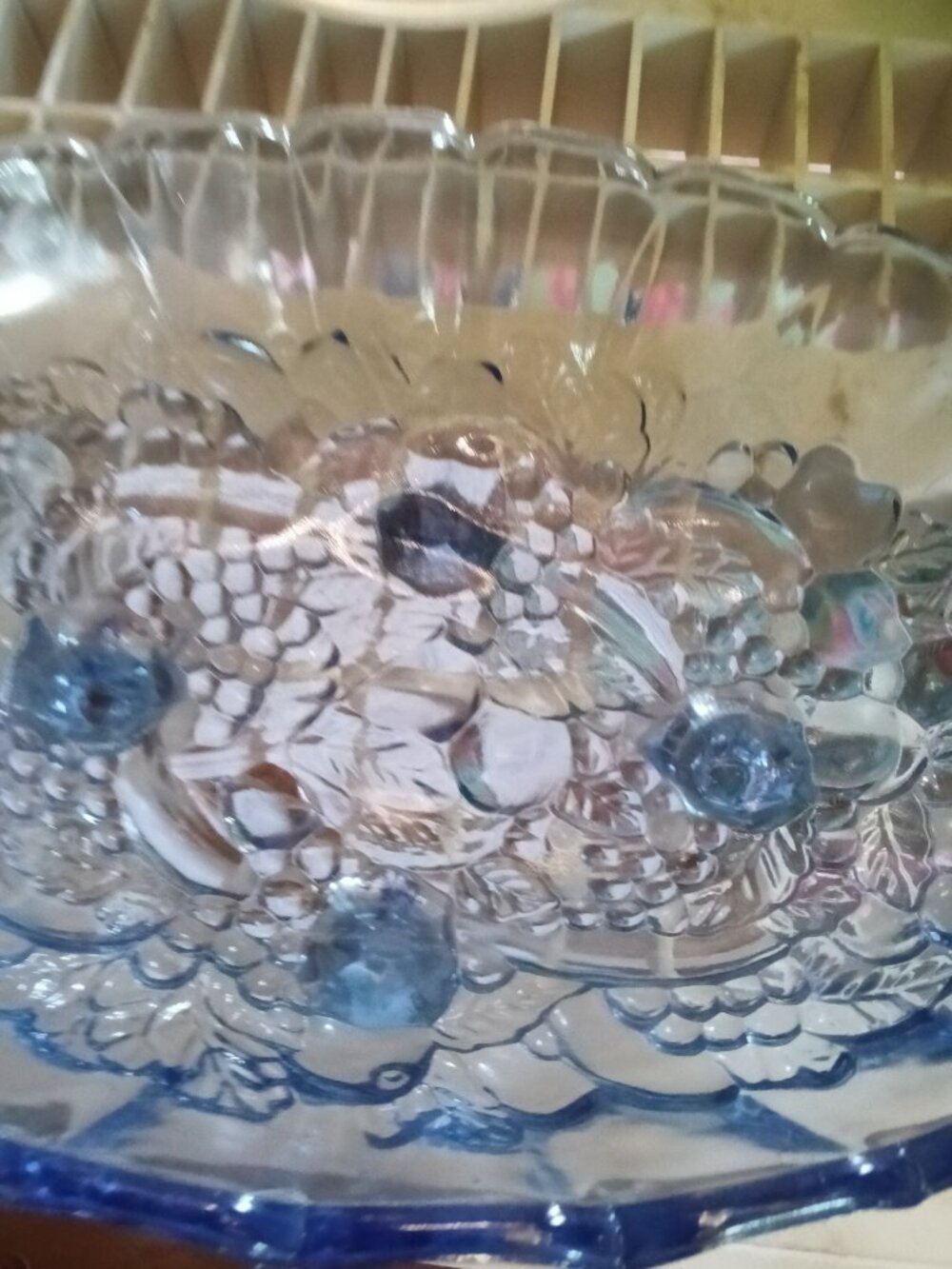 Vintage Blue Glass Fruit Bowl with Raised Design